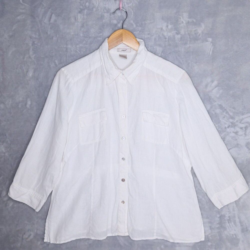 EDWARD White Linen Button Up Light Jacket Size XL 3/4 Sleeve Beachy Travel